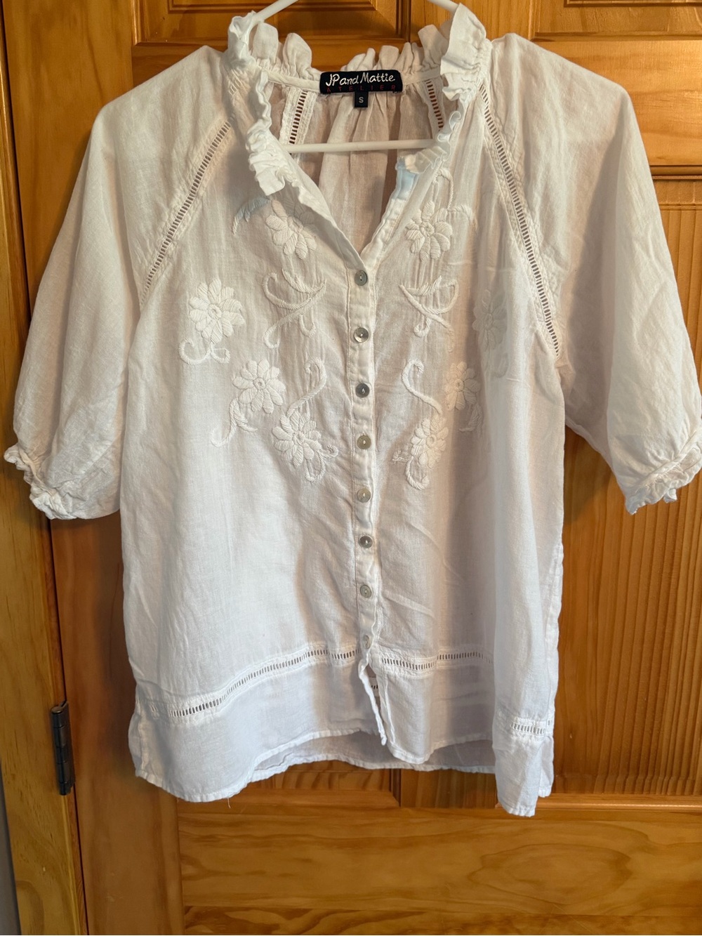 JP and Mattie Atelier white embroidered peasant blouse, size S.